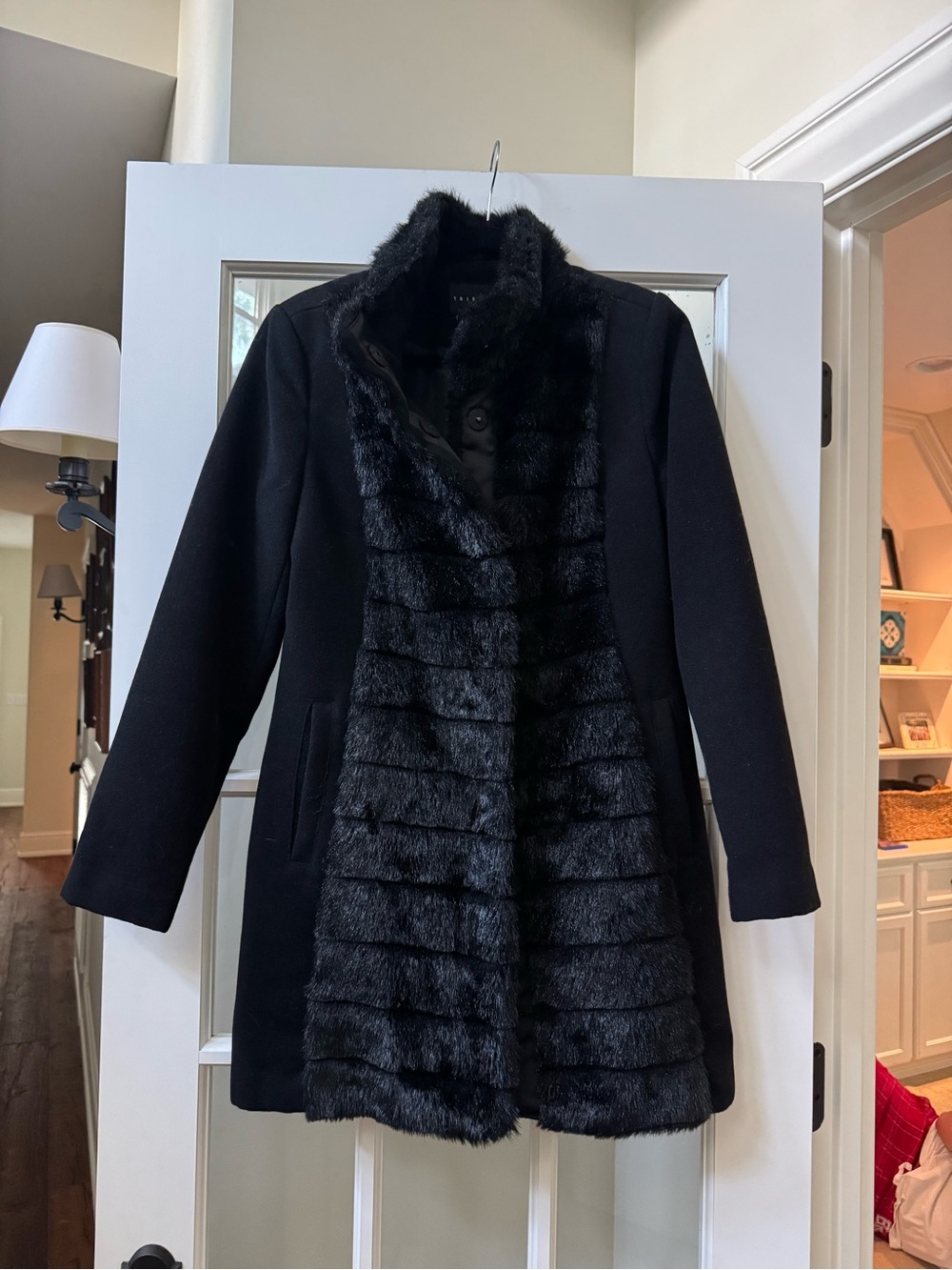 Faux Fur Trimmed Black Dress Coat